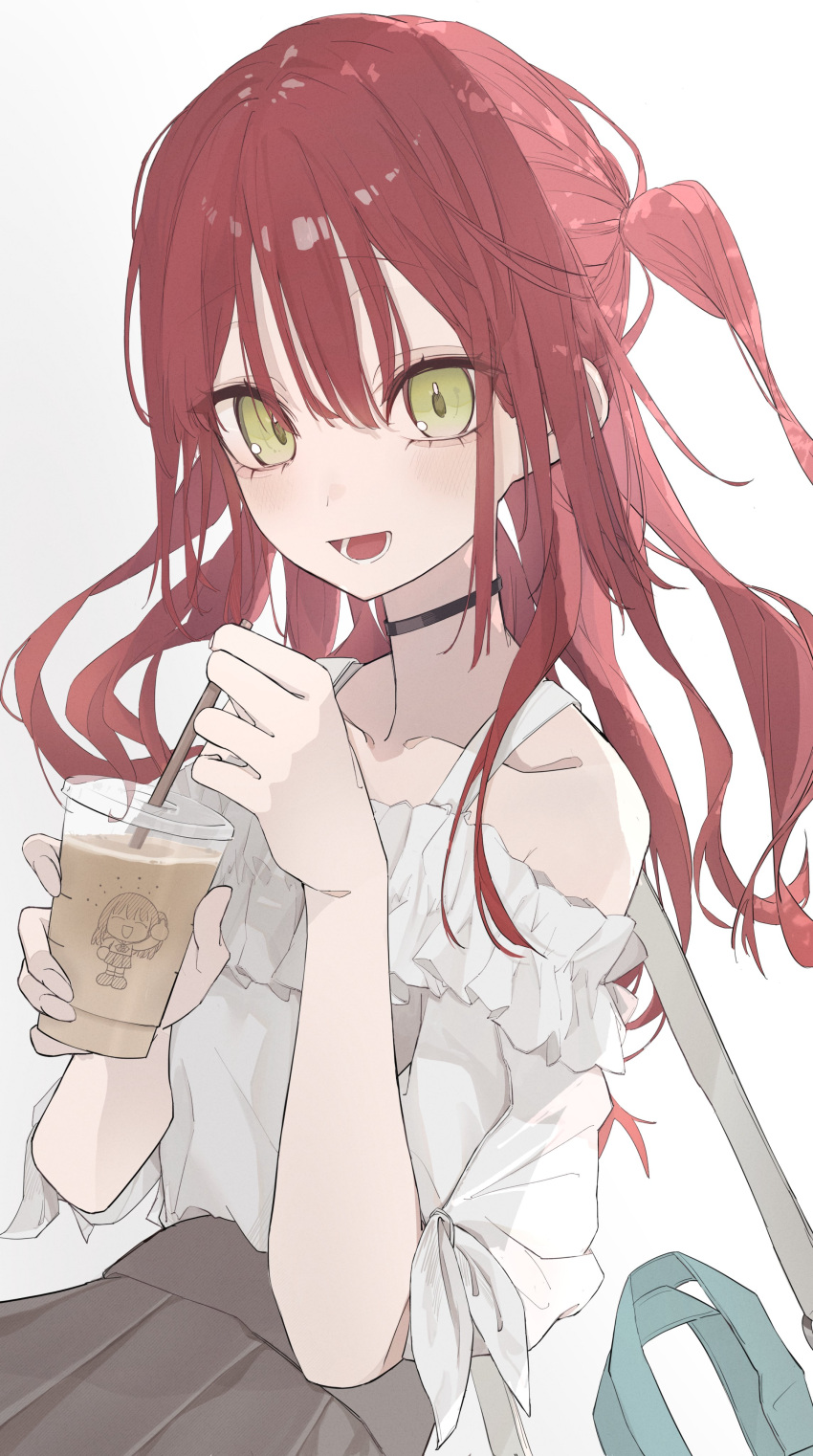 1girl absurdres ayato_ri_yagi bare_shoulders black_choker blush bocchi_the_rock! choker cup disposable_cup drink drinking_straw frilled_shirt frills green_eyes grey_skirt hair_between_eyes highres holding holding_cup holding_drink kita_ikuyo long_hair looking_at_viewer one_side_up open_mouth pleated_skirt redhead shirt simple_background sitting skirt smile solo white_background white_shirt