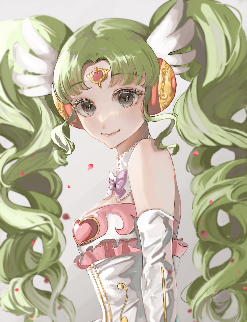 1girl absurdres bare_shoulders blurry bow closed_mouth colored_eyelashes detached_collar drill_hair eyelashes falulu forehead_jewel frills from_side green_hair grey_background grey_eyes hair_ornament heart highres lips long_hair looking_at_viewer mxmn7837 parted_bangs petals pretty_(series) pripara purple_bow shiny_lips sidelocks simple_background smile solo twintails very_long_hair wing_hair_ornament