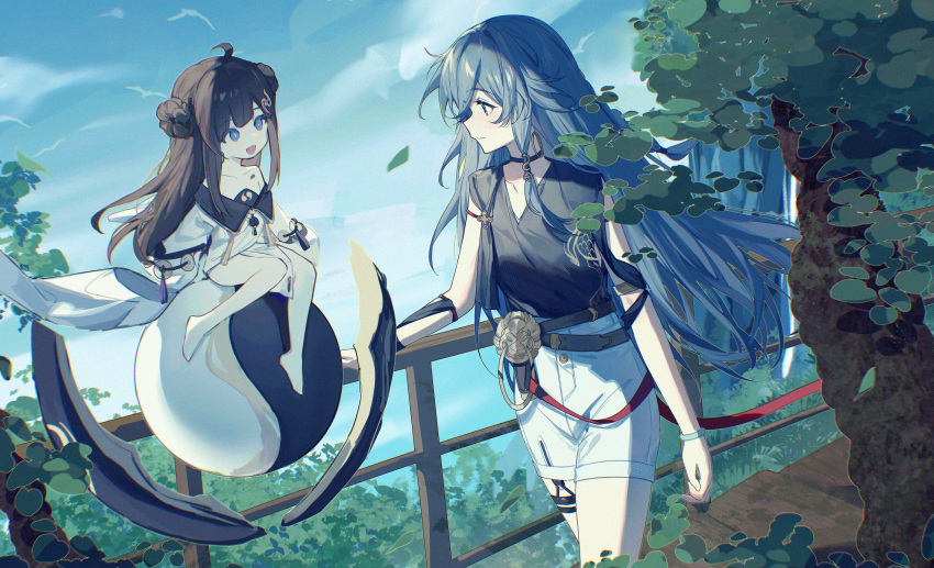 2girls absurdres ahoge black_choker black_shirt blue_eyes blue_sky book_of_fuxi bracelet breasts brown_hair chinese_clothes choker derivative_work fence fu_hua fu_hua_(night_squire) grey_hair highres honkai_(series) honkai_impact_3rd jewelry looking_at_another multiple_girls official_alternate_costume orb outdoors saya_atang shirt shorts sitting sky small_breasts smile standing tree upper_body white_shorts yin_yang yin_yang_orb