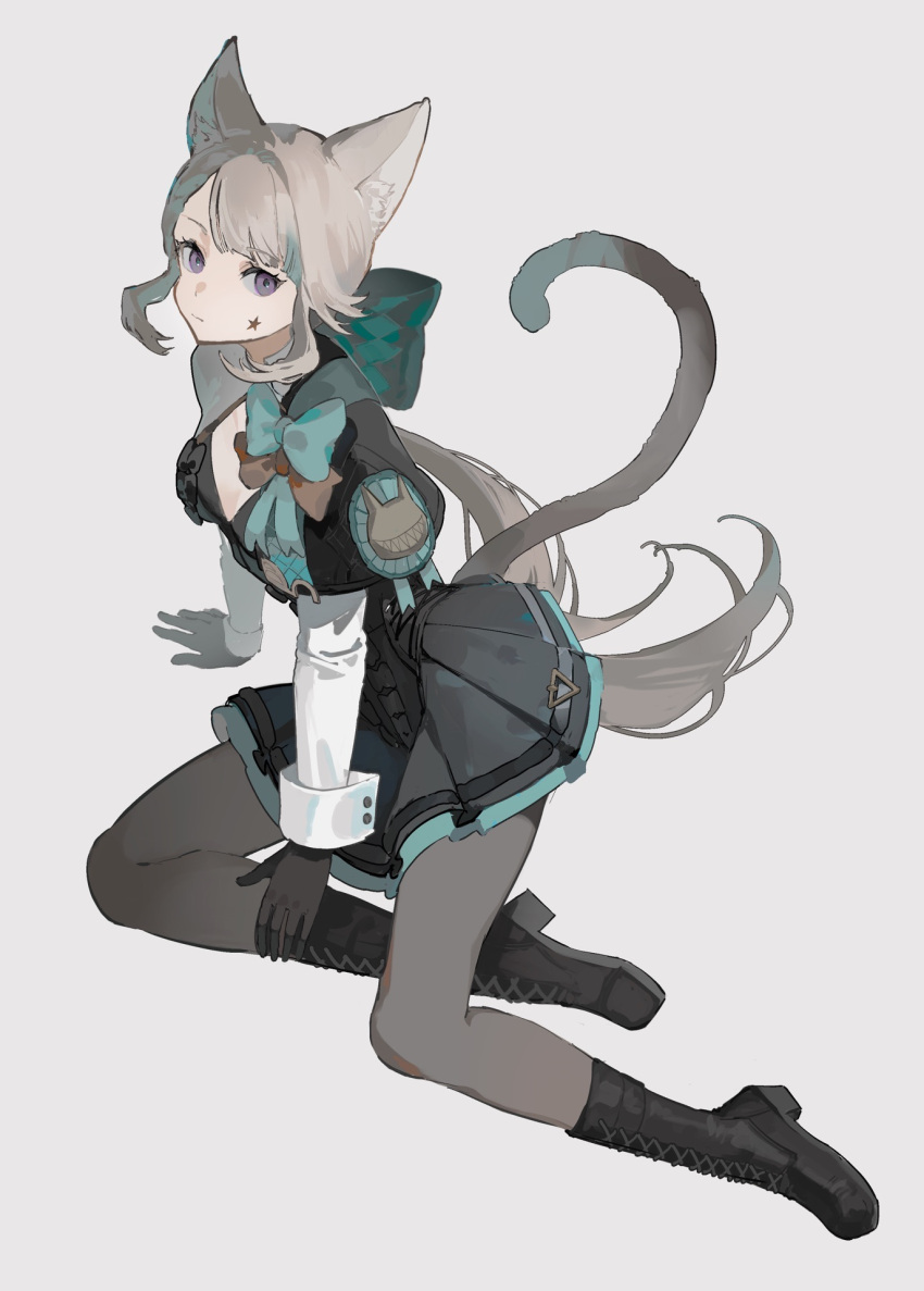 1girl aco_gbfg animal_ears black_capelet black_footwear black_gloves black_skirt boots bow capelet cat_ears cat_girl cat_tail closed_mouth cross-laced_footwear facial_tattoo genshin_impact gloves green_bow grey_pantyhose hair_bow highres huge_bow juliet_sleeves knee_boots light_brown_hair long_hair long_sleeves looking_at_viewer lynette_(genshin_impact) pantyhose puffy_sleeves shirt simple_background sitting skirt solo star_tattoo tail tattoo violet_eyes white_background white_shirt yokozuwari