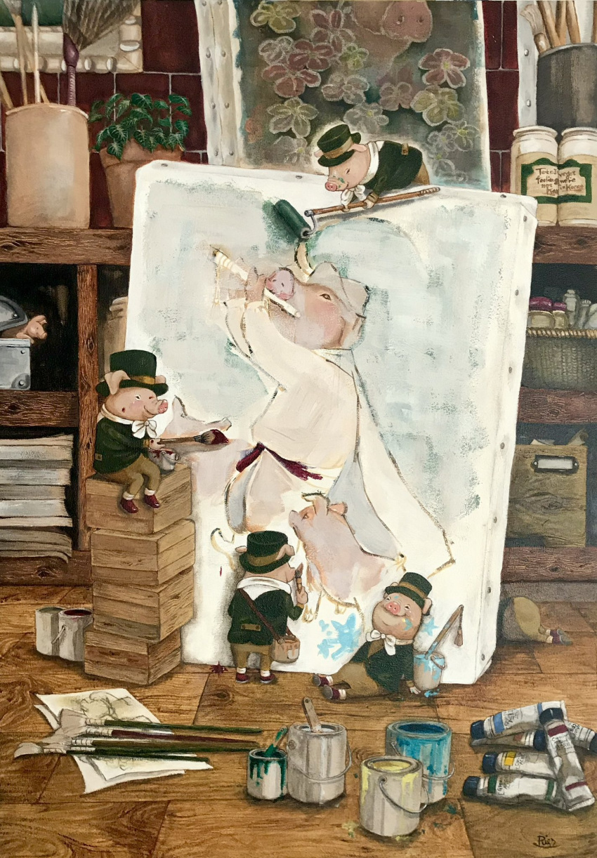 6+others acrylic_paint_(medium) black_suit bow box fairy hat highres indoors minimized multiple_others no_humans original paint_can paint_roller paint_tube paintbrush painting_(action) painting_(medium) painting_(object) pig plant playing_flute potted_plant sharmanmezon shelf sitting smile standing suit top_hat traditional_media white_bow wooden_floor