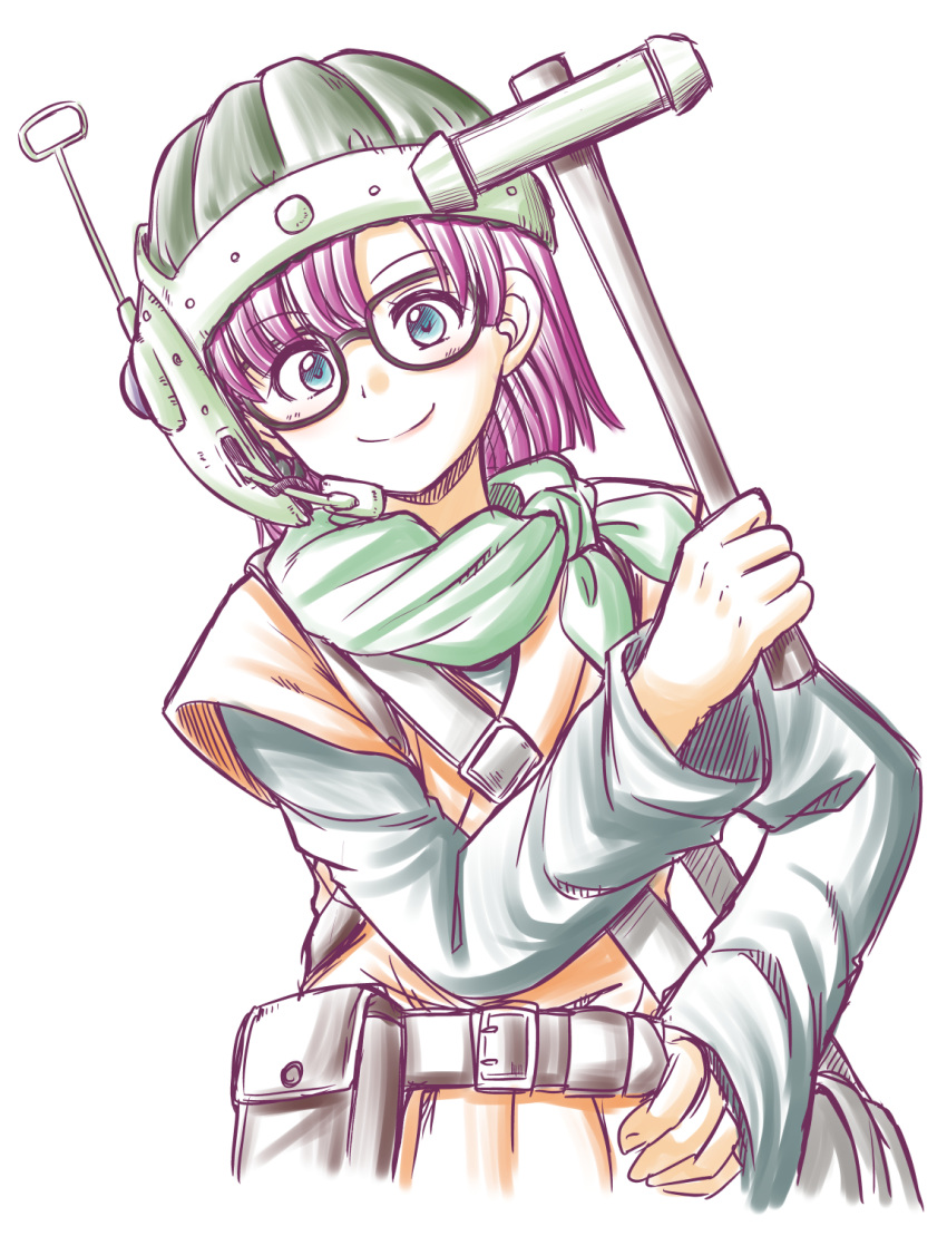1girl belt blue_eyes chrono_trigger closed_mouth glasses helmet highres holding holding_mallet kashii_yutaka looking_at_viewer lucca_ashtear mallet purple_hair scarf short_hair simple_background smile solo weapon white_background