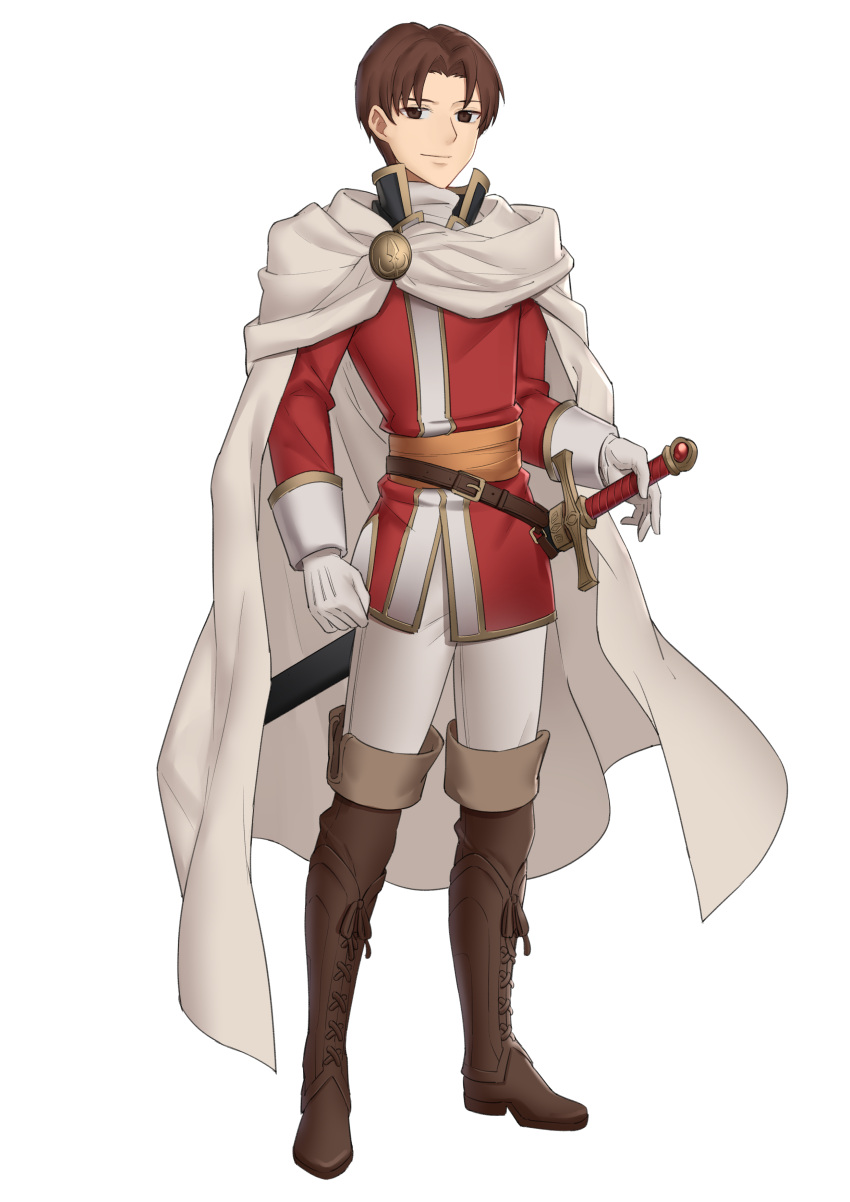 1boy absurdres brown_eyes brown_footwear brown_hair cape carrion_(fire_emblem) coat ebinku fire_emblem fire_emblem:_thracia_776 full_body gloves highres holding holding_sword holding_weapon looking_at_viewer pants red_coat smile sword weapon white_cape white_gloves white_pants