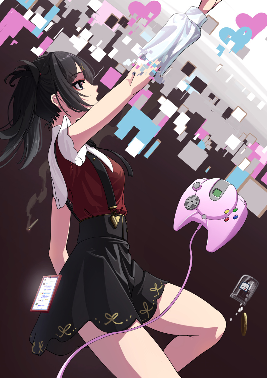 1girl absurdres ame-chan_(needy_girl_overdose) arm_up black_eyes black_hair black_ribbon black_skirt breasts chouzetsusaikawa_tenshi-chan cigarette collar collared_shirt commission controller from_side game_controller glowing hair_ornament heart henshin highres long_hair medium_breasts neck_ribbon needy_girl_overdose open_mouth pill_bottle red_shirt ribbon shinsata_mei shirt shirt_tucked_in skeb_commission skirt smoke solo standing suspender_skirt suspenders twintails white_collar x_hair_ornament