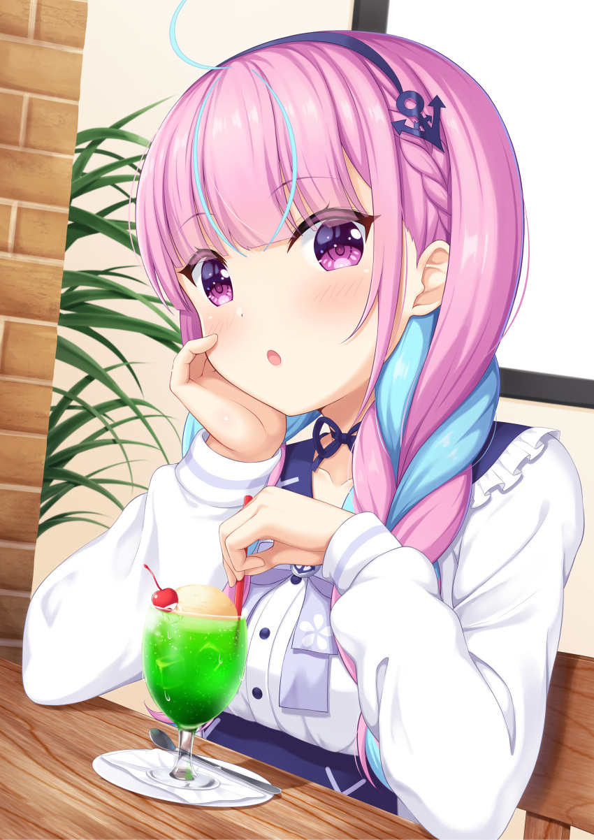 1girl 7fuji_06 absurdres ahoge anchor_hair_ornament blue_hair blush braid chair cherry choker cup drinking_glass drinking_straw elbow_rest food frilled_sailor_collar frills fruit hair_ornament hairband hand_on_own_cheek hand_on_own_face head_rest highres holding holding_drinking_straw hololive ice_cream ice_cream_float indoors long_hair long_sleeves looking_at_viewer minato_aqua multicolored_hair neck_ribbon open_mouth pink_hair plant plate restaurant ribbon ribbon_choker sailor_collar sitting soda solo spoon twin_braids twintails two-tone_hair upper_body violet_eyes virtual_youtuber