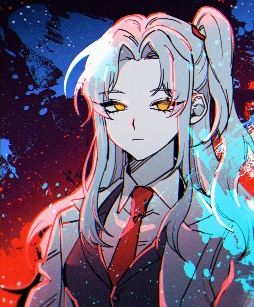 1girl 3cnfw angela_(project_moon) black_vest blue_hair closed_mouth coat collared_shirt highres lab_coat lobotomy_corporation long_hair looking_at_viewer necktie one_side_up parted_bangs project_moon red_necktie shirt sidelocks solo upper_body very_long_hair vest white_coat white_shirt wing_collar