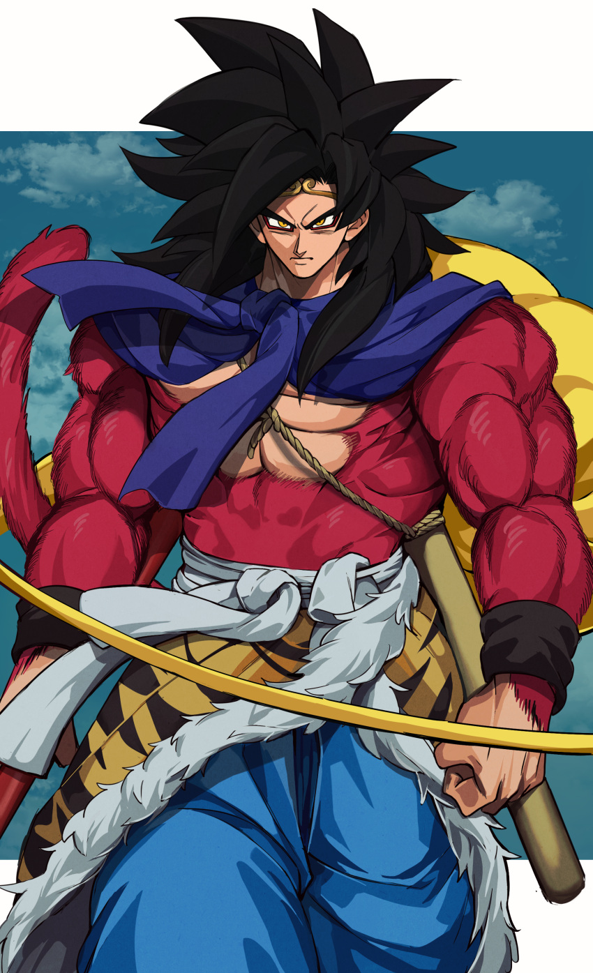 1boy absurdres biceps black_hair black_wristband body_fur chinese_clothes circlet cosplay dragon_ball dragon_ball_gt gigatan_d highres journey_to_the_west long_hair looking_at_viewer male_focus monkey_boy monkey_tail muscular muscular_male no_nipples nyoibo pants pectorals red_fur saiyan solo son_goku spiky_hair staff sun_wukong sun_wukong_(cosplay) super_saiyan super_saiyan_4 tail
