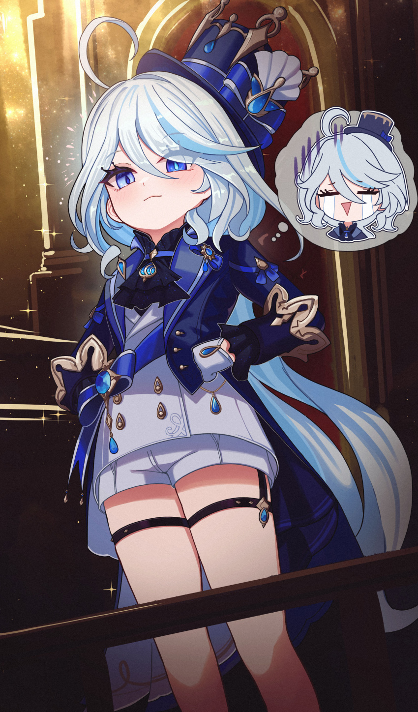 1girl absurdres ahoge ascot black_ascot blue_eyes blue_gemstone blue_hair blue_headwear blue_jacket brooch cowlick drop-shaped_pupils furina_(genshin_impact) gem genshin_impact gloves gmg hair_between_eyes hat heterochromia highres hydro_symbol_(genshin_impact) jacket jewelry light_blue_hair long_hair long_sleeves looking_at_viewer mismatched_pupils multicolored_hair open_mouth ponytail shorts smile solo top_hat white_gloves white_hair white_shorts