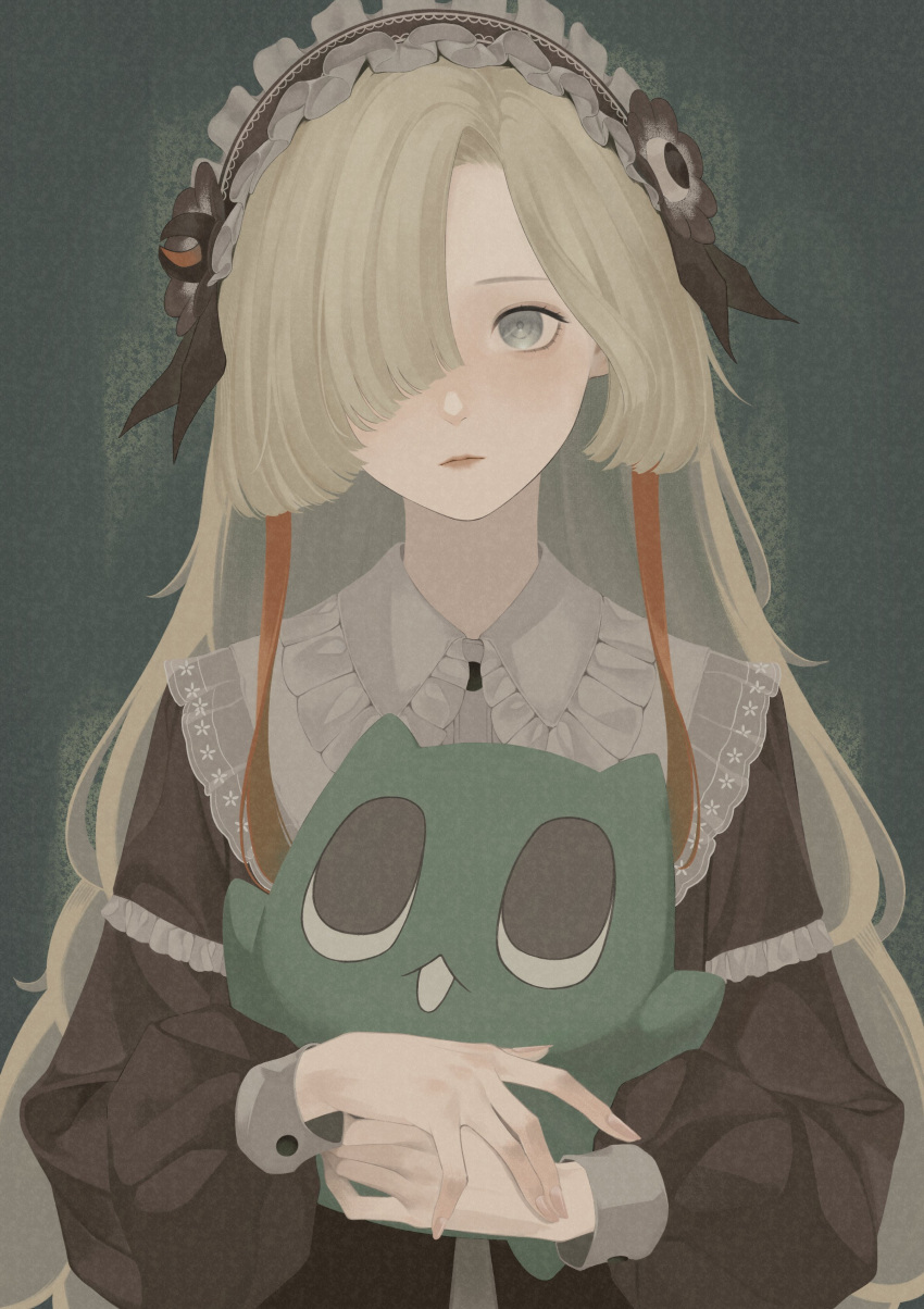1girl absurdres black_dress black_flower black_hair blue_eyes dress expressionless flower frilled_hairband frills green_background grey_hair hair_flower hair_ornament hair_over_one_eye hairband highres holding holding_stuffed_toy isekai_joucho kamitsubaki_studio lolita_fashion lolita_hairband long_hair long_sleeves looking_at_viewer multicolored_hair own_hands_together portrait redhead solo stuffed_toy two-tone_hair upper_body virtual_youtuber zudxpnz