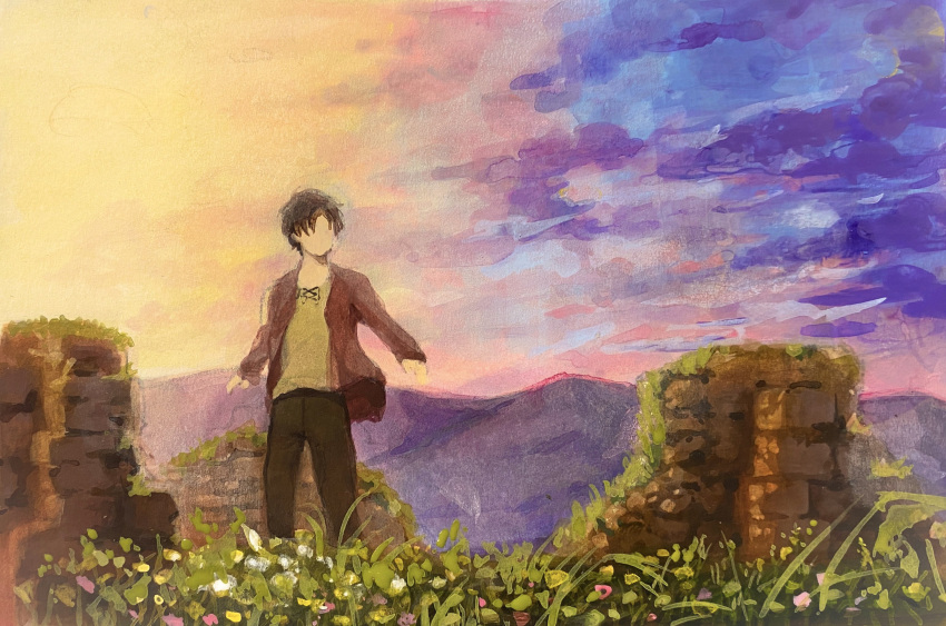 1boy a_chilf_of_evil_(shingeki_no_kyojin) brown_eyes brown_hair child eren_yeager faceless faceless_male field flower flower_field gradient_sky highres kf2impossible looking_to_the_side male_focus mountainous_horizon outstretched_arms painterly pants ruins scenery shingeki_no_kyojin short_hair sky sky_focus solo spread_arms standing wind