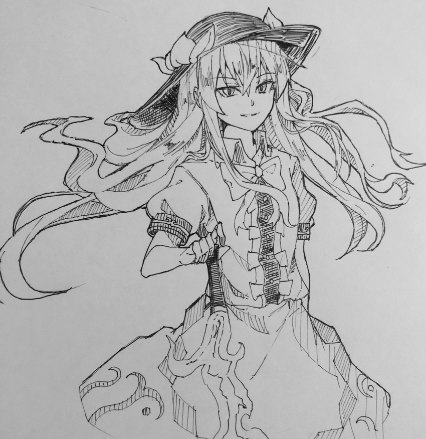 1girl center_frills commentary food frills fruit greyscale hand_on_hilt hat highres hinanawi_tenshi kanaria_(bocmn) leaf_hat_ornament long_hair monochrome one-hour_drawing_challenge parted_lips peach shirt short_sleeves sidelocks simple_background sketch skirt smile solo touhou traditional_media