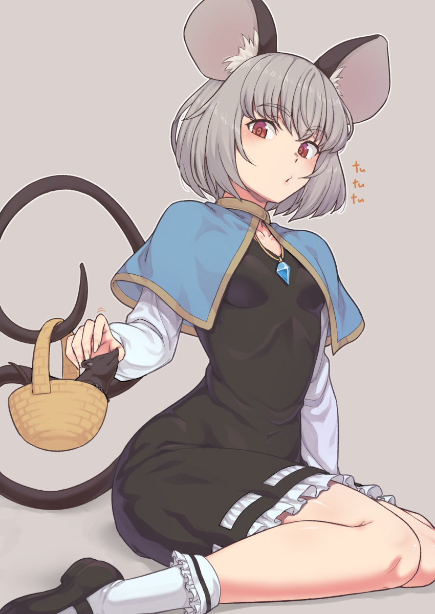 1girl animal_ears basket black_dress blue_capelet breasts capelet commentary dress frilled_dress frills grey_background grey_hair highres jewelry kakone long_sleeves looking_at_viewer mouse mouse_ears mouse_girl nazrin pendant red_eyes short_hair simple_background sitting small_breasts touhou