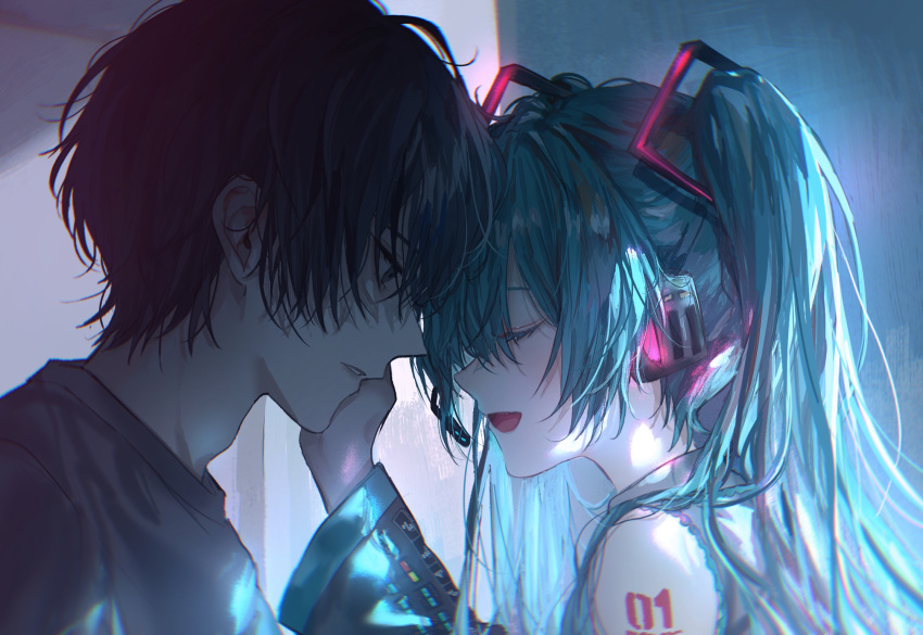 1boy 1girl asano_(kazusasn) black_hair black_sleeves blue_hair closed_eyes hand_on_another's_cheek hand_on_another's_face hatsune_miku headset highres open_mouth shoulder_tattoo smile tattoo twintails vocaloid