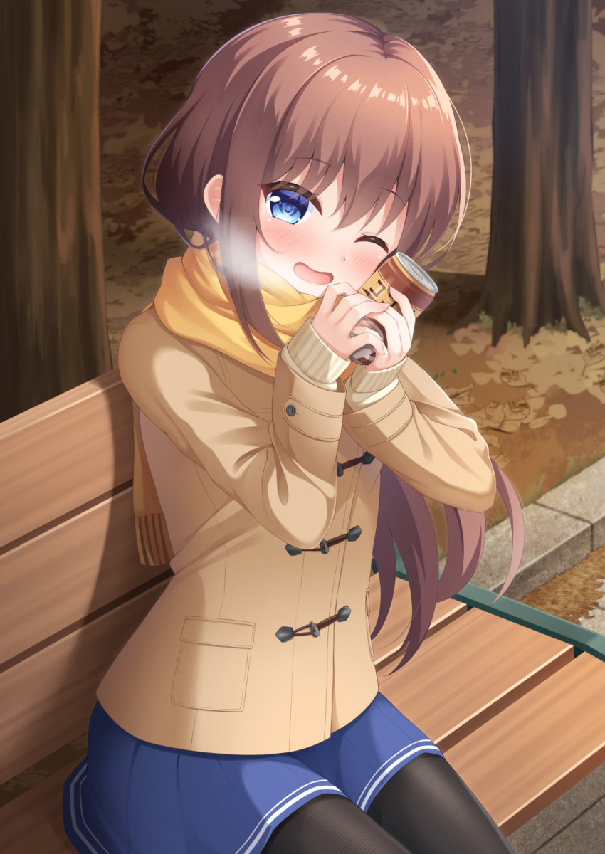 1girl 7fuji_06 autumn bench blue_eyes blush breath brown_hair can can_to_cheek canned_coffee coat duffel_coat enpera highres holding holding_can long_hair long_sleeves looking_at_viewer on_bench one_eye_closed open_mouth original outdoors pantyhose pleated_skirt scarf sitting skirt smile solo tree very_long_hair