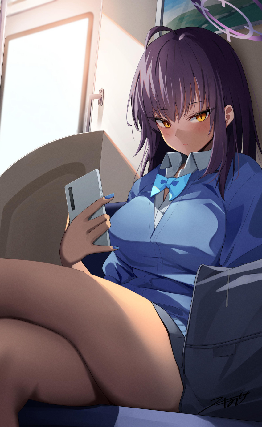 1girl absurdres akinoji_(akiponpon27) bag black_hair blue_archive blue_bow blue_bowtie blue_cardigan bow bowtie cardigan cellphone collared_shirt commentary_request couch crossed_legs dark-skinned_female dark_skin hair_between_eyes halo highres holding holding_phone karin_(blue_archive) long_hair long_sleeves looking_at_viewer official_alternate_costume on_couch phone pleated_skirt school_bag school_uniform shirt sidelocks sitting skirt smartphone solo white_shirt yellow_eyes