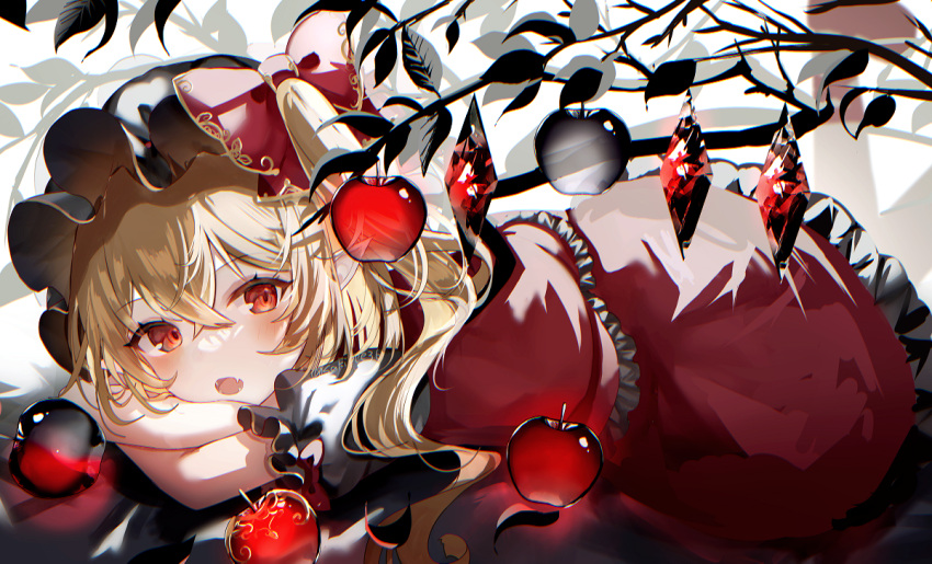 1girl apple blonde_hair commentary_request crystal fangs flandre_scarlet food fruit hair_between_eyes hat long_hair looking_at_viewer lying mob_cap on_stomach open_mouth pointy_ears puffy_short_sleeves puffy_sleeves red_eyes red_shirt red_skirt sakizaki_saki-p shirt short_sleeves side_ponytail skin_fangs skirt solo touhou white_headwear wings