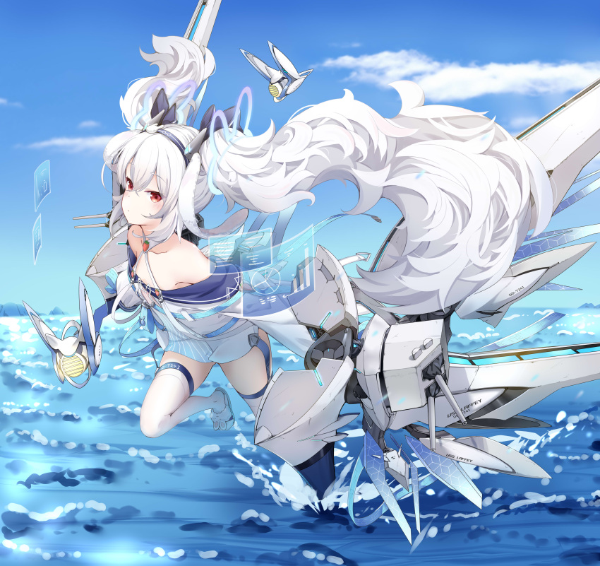 1girl absurdres animal_slippers azur_lane criss-cross_halter crossed_bangs dress full_body hair_between_eyes hair_ornament halterneck highres holographic_interface holographic_monitor knee_up laffey_(azur_lane) laffey_ii_(azur_lane) long_hair off-shoulder_dress off_shoulder rabbit_hair_ornament red_eyes short_dress sleeves_past_wrists slippers thigh-highs twintails white_dress white_thighhighs z-wumi