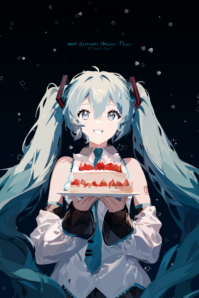 1girl absurdres aqua_eyes aqua_hair aqua_necktie birthday_cake black_skirt bozen cake character_name detached_sleeves food fruit hatsune_miku highres holding holding_plate long_hair looking_at_viewer necktie non-web_source number_tattoo plate pleated_skirt self-upload shirt skirt sleeveless sleeveless_shirt smile solo solo_focus strawberry tattoo tie_clip twintails vocaloid white_shirt