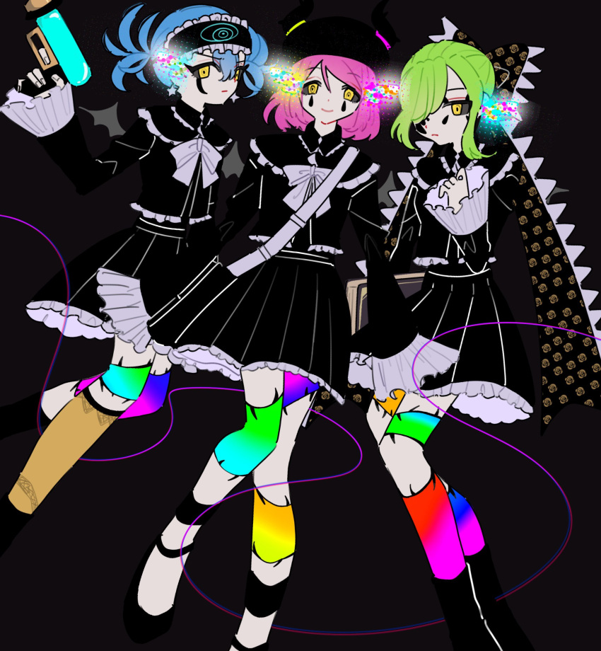 3girls black_background black_bow black_dress black_footwear black_sclera blue_hair bow closed_mouth collared_dress colored_sclera commentary_request dark_persona demon_wings dress eye_trail facial_mark frilled_dress frilled_sleeves frills frown green_hair gun hair_between_eyes hair_bow hand_up highres holding holding_gun holding_weapon kurane_(rain_code) light_trail long_sleeves looking_at_viewer master_detective_archives:_rain_code multiple_girls mystery_phantom pale_skin pink_hair rainbow_skin short_hair short_twintails sleep_mask smile spoilers stitches twintails waruna_(rain_code) weapon white_bow wings yellow_eyes yoshiko_(rain_code) yunome_(lyu_nomel)