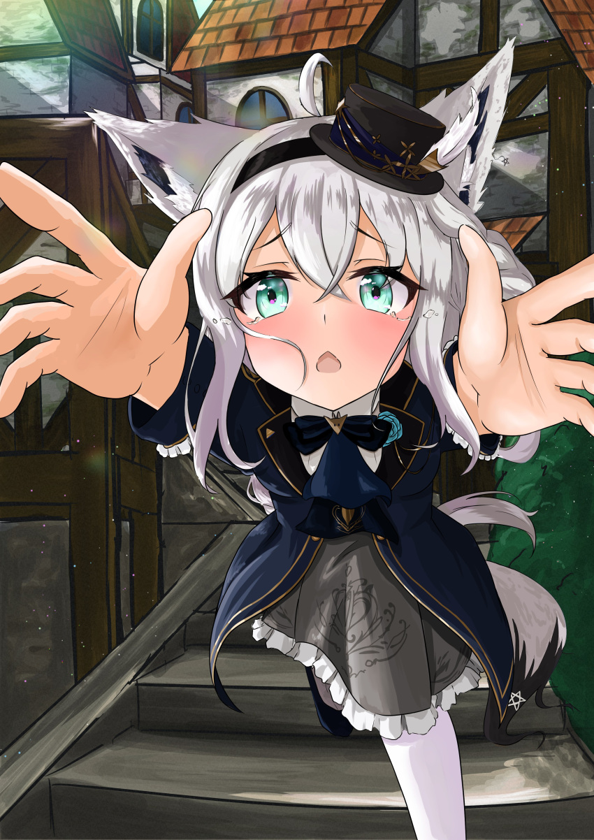 1girl absurdres ahoge animal_ear_fluff animal_ears ascot azusamasiro blue_ascot blue_jacket blush braid chestnut_mouth commentary_request corset earrings falling fox_ears fox_girl fox_tail green_eyes grey_skirt hair_between_eyes hairband hat highres hololive jacket jewelry long_hair long_skirt looking_at_viewer mini_hat open_clothes open_jacket outdoors outstretched_arms pantyhose pentagram shirakami_fubuki shirt sidelocks single_braid skirt solo tail virtual_youtuber white_hair white_pantyhose white_shirt