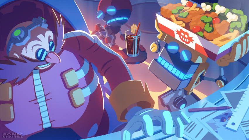 big_the_cat chicken_(food) commentary_request cubot cup dr._eggman drinking_straw facial_hair food french_fries fruit glasses gloves goggles goggles_on_head lime_(fruit) lime_slice long_sleeves looking_at_another male_focus mustache official_art orbot robot ruler sitting smile sonic_(series) uno_yuuji white_gloves