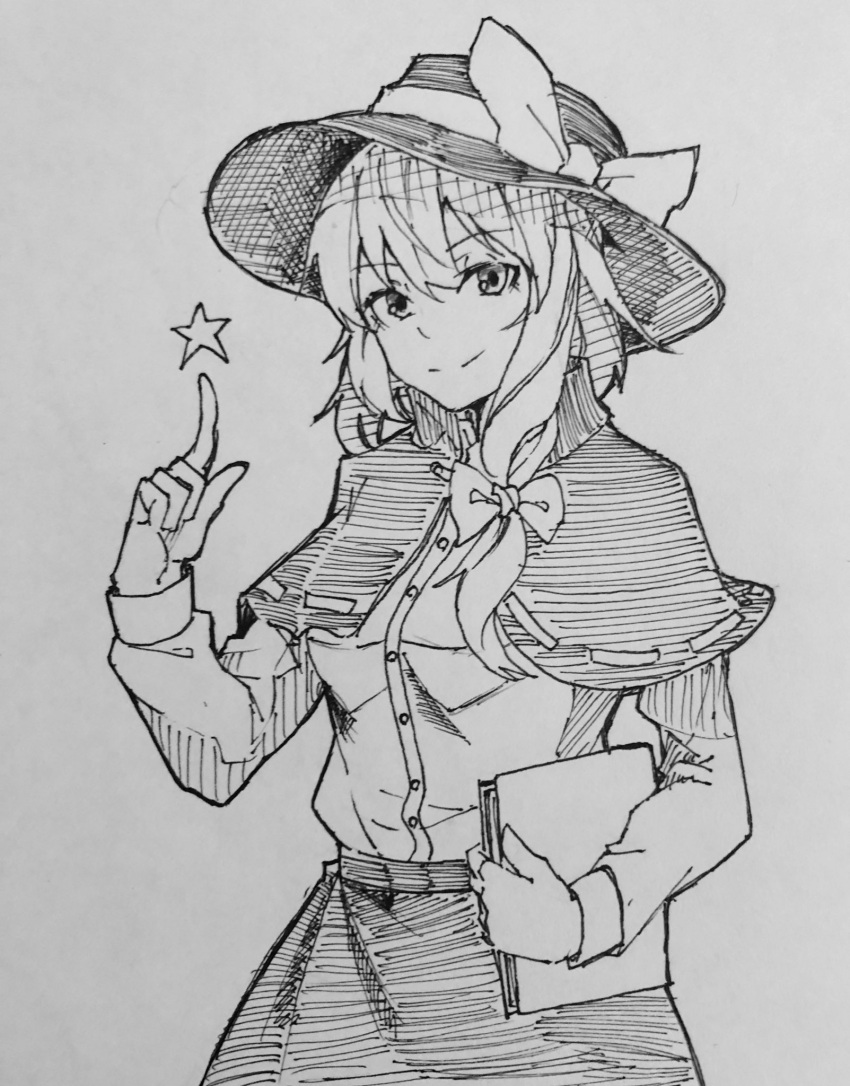 1girl asymmetrical_hair book bow capelet closed_mouth commentary fedora greyscale hair_bow hat hat_bow highres holding holding_book index_finger_raised kanaria_(bocmn) looking_at_viewer medium_hair monochrome one-hour_drawing_challenge shirt simple_background sketch skirt smile solo star_(symbol) touhou traditional_media usami_renko