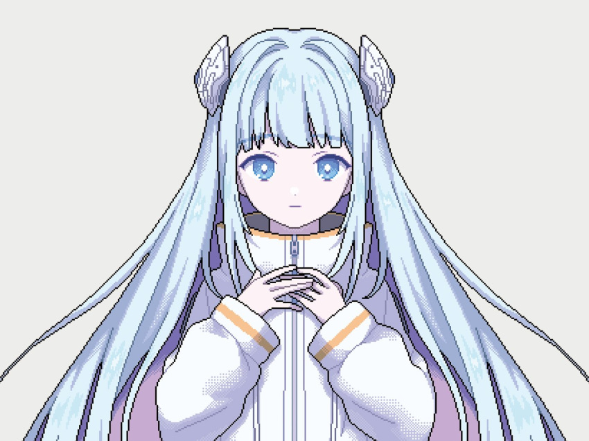 1girl blue_eyes blue_hair blunt_bangs closed_mouth commentary commentary_request dress english_commentary expressionless grey_background hair_ornament hands_up indie_virtual_youtuber long_hair long_sleeves looking_at_viewer narume official_art pixel_art second-party_source simple_background solo somunia straight-on upper_body very_long_hair virtual_youtuber white_dress
