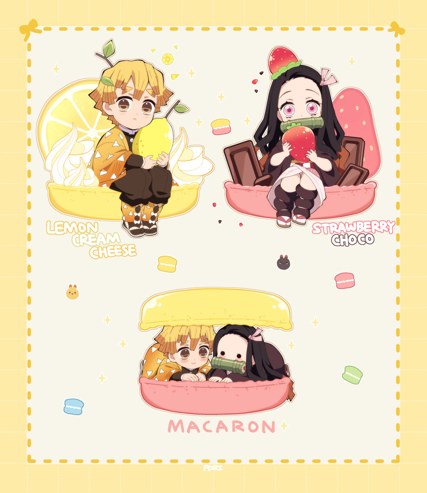 1boy 1girl absurdres agatsuma_zenitsu bamboo black_hair blonde_hair brown_hair chocolate cream demon_slayer_uniform food fruit hair_ribbon haori highres japanese_clothes kamado_nezuko kimetsu_no_yaiba kimono lemon lemon_cheesecake long_hair long_sleeves macaron multicolored_hair pink_eyes pink_kimono pink_ribbon pori_(kmt_pori) ribbon short_hair smile strawberry