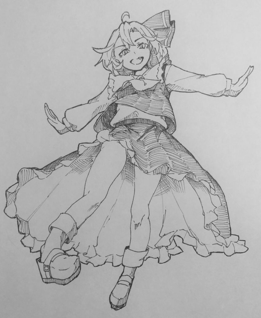 1girl ahoge commentary_request fang full_body greyscale hair_ribbon highres kanaria_(bocmn) long_sleeves looking_at_viewer monochrome open_mouth outstretched_arms ribbon rumia shoes short_hair simple_background sketch skirt socks solo touhou traditional_media