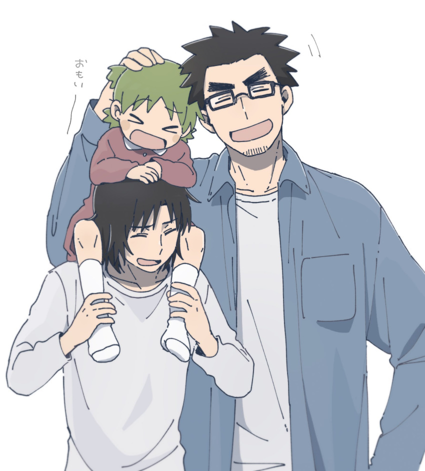 &gt;_&lt; 1girl 2boys :d ^_^ black_hair blue_shirt carrying closed_eyes collared_shirt dress facial_hair father_and_daughter full_body glasses green_hair hand_on_another's_head hand_up hands_on_another's_head hands_up highres jumbo koiwai_yotsuba long_sleeves marutei2 mr._koiwai multiple_boys open_clothes open_mouth open_shirt quad_tails red_dress shirt shoulder_carry simple_background smile socks stubble translation_request upper_body white_background white_shirt white_socks xd yotsubato!