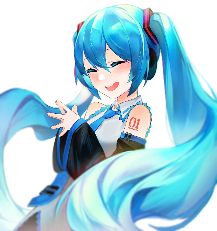 1girl absurdres aqua_hair arm_tattoo bad_link bare_shoulders blue_necktie blush breasts closed_eyes collared_shirt colored_eyelashes daya_(13urntsienna) detached_sleeves hands_up hatsune_miku highres long_hair necktie open_mouth own_hands_together shirt simple_background small_breasts smile solo steepled_fingers tattoo teeth twintails upper_body upper_teeth_only vocaloid white_background white_shirt