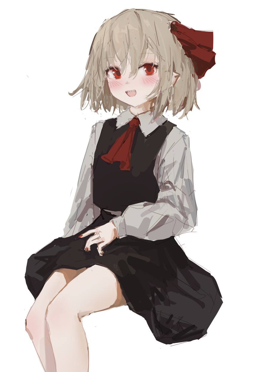 1girl absurdres ascot bare_legs black_vest blonde_hair blush bow hair_bow hair_ribbon highres looking_at_viewer open_mouth red_eyes reddizen ribbon rumia sharp_teeth shirt short_hair simple_background skirt skirt_set solo teeth touhou vest white_background