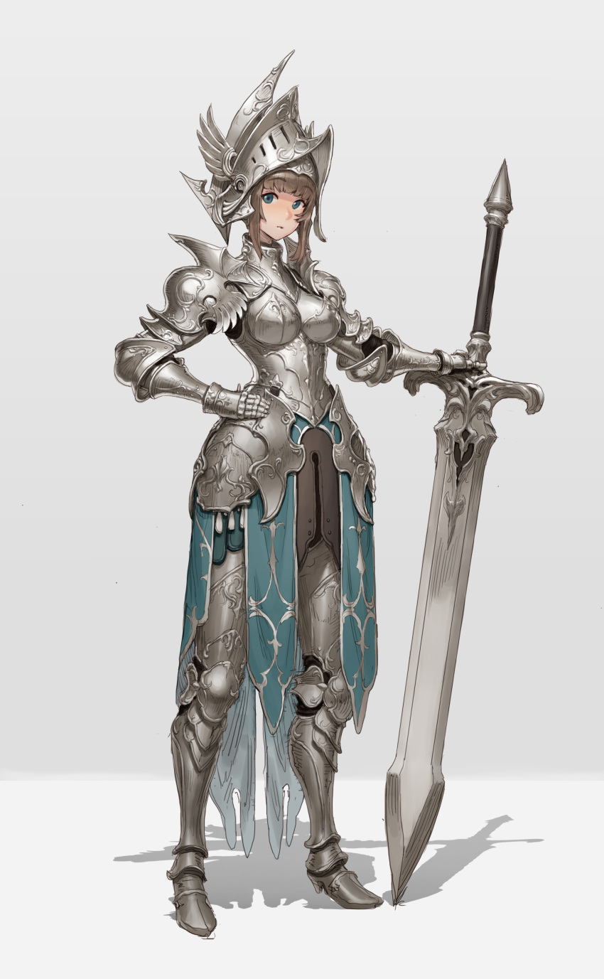 1girl absurdres armor armored_boots blue_eyes boobplate boots breastplate brown_hair faulds full_body gauntlets grey_background hand_on_own_hip helmet highres holding holding_sword holding_weapon looking_at_viewer nrcgray original planted planted_sword plate_armor shadow shoulder_armor solo standing sword weapon