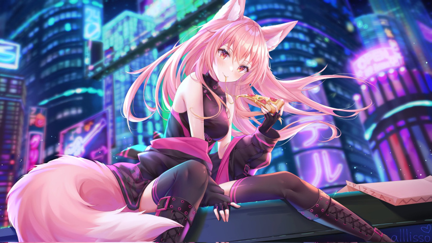 1girl alllisso animal_ears bare_shoulders black_footwear black_gloves black_jacket black_thighhighs boots breasts building chiino_(vtuber) cityscape clothes_down eating fingerless_gloves food fox_ears fox_girl fox_tail gloves highres indie_virtual_youtuber jacket long_hair long_sleeves looking_at_viewer medium_breasts pink_eyes pink_hair pizza pizza_slice sitting tail thigh-highs virtual_youtuber