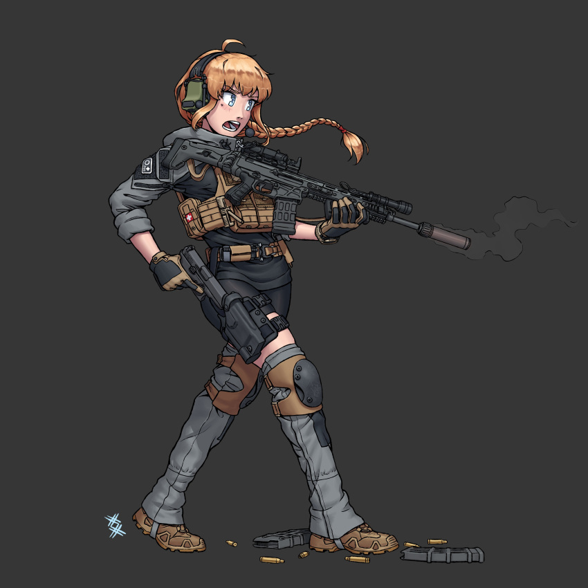 1girl absurdres ahoge bike_shorts black_background black_shorts blonde_hair blue_eyes blush braid bullet combat_shirt cz_bren-2 cz_bren-2_br ear_protection full_body gaiters gloves gun headset highres holding holding_weapon indie_virtual_youtuber knee_pads leg_holster load_bearing_vest long_hair long_sleeves magazine_(weapon) open_mouth ostwindprojekt plate_carrier shorts simple_background solo suppressor teeth thigh-highs thighhigh_gaiters virtual_youtuber weapon whiskey_project