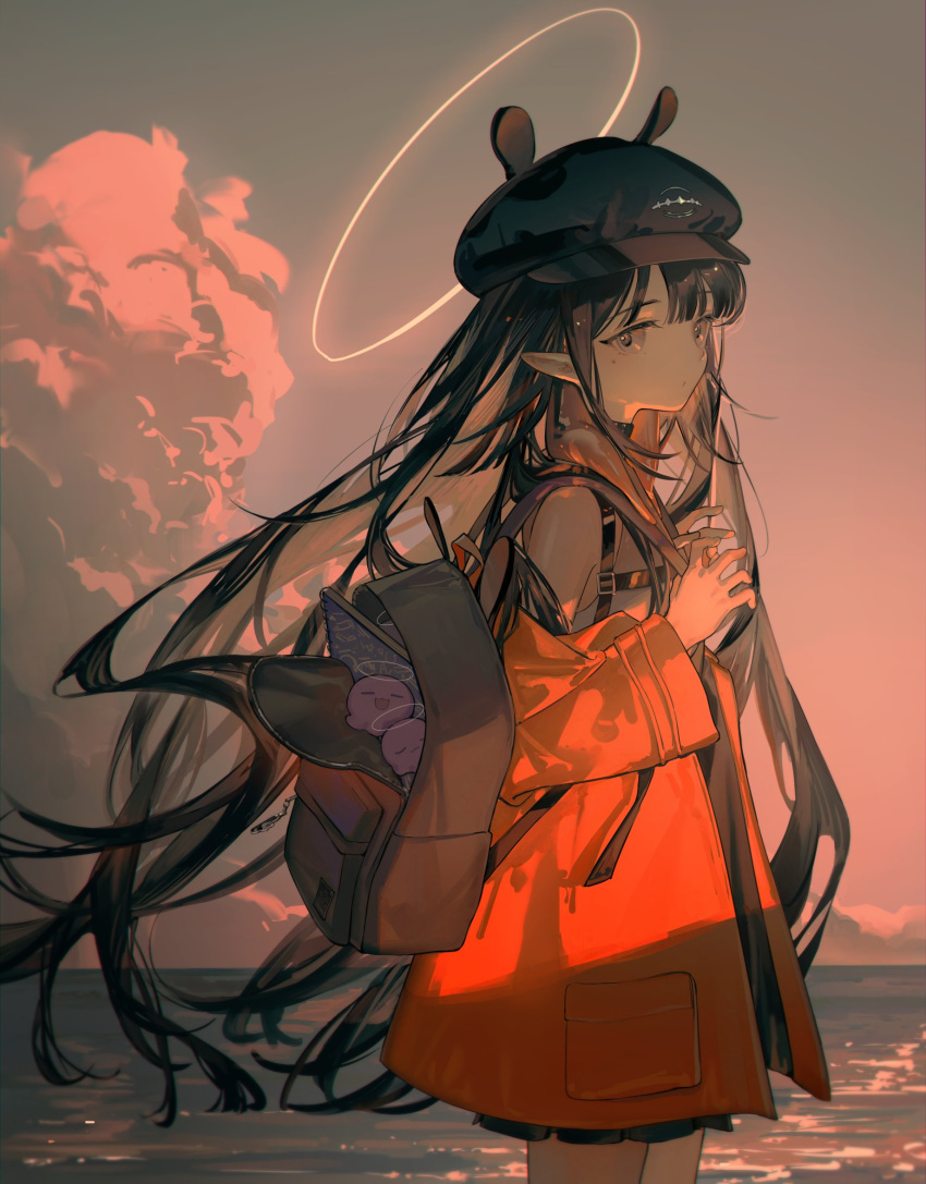 1girl :3 alternate_costume backpack bag beret black_bag black_choker black_eyes black_hair black_headwear black_skirt chest_harness choker clouds cowboy_shot creature fcjfior floating_hair halo harness hat highres hololive hololive_english jacket long_hair looking_at_viewer ninomae_ina'nis ninomae_ina'nis_(2nd_costume) notebook open_bag open_clothes open_jacket orange_jacket pointy_ears shirt skirt sky solo takodachi_(ninomae_ina'nis) tentacle_hair very_long_hair virtual_youtuber water white_shirt