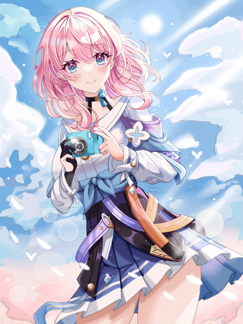 1girl absurdres artist_name black_choker black_corset black_gloves blue_eyes blue_jacket blue_skirt blush breasts choker chromatic_aberration closed_mouth clouds cloudy_sky corset cowboy_shot earrings english_commentary flower_ornament gloves highres honkai:_star_rail honkai_(series) jacket jewelry long_sleeves looking_at_viewer march_7th_(honkai:_star_rail) medium_breasts medium_hair miniskirt najwa_ibrahimi partially_fingerless_gloves pink_eyes pink_hair pleated_skirt shirt single_earring single_glove skirt sky smile solo tied_jacket two-tone_eyes white_shirt