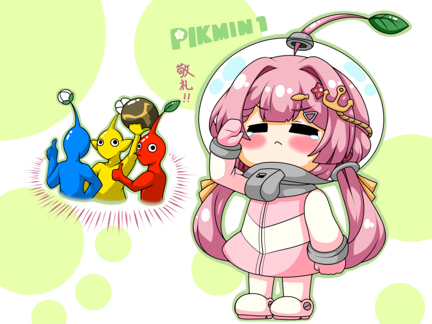 1girl 3others anchor_hair_ornament blue_pikmin blush boots chibi closed_eyes closed_mouth crossover fish_hair_ornament gloves hair_intakes hair_ornament hand_up helmet highres indie_virtual_youtuber jacket kurukurumagical leaf misaki_nagi multiple_others pikmin_(series) pikmin_1 pink_gloves pink_hair pink_jacket red_pikmin salute space_helmet standing star_(symbol) star_hair_ornament tears translation_request virtual_youtuber white_background white_footwear yellow_pikmin