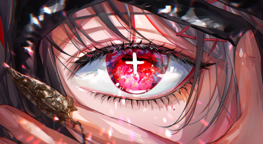androgynous asano_(kazusasn) black_gloves black_hair commission copyright_request cross-shaped_pupils eye_focus gloves grey_hair highres pixiv_commission red_eyes single_glove symbol-shaped_pupils virtual_youtuber