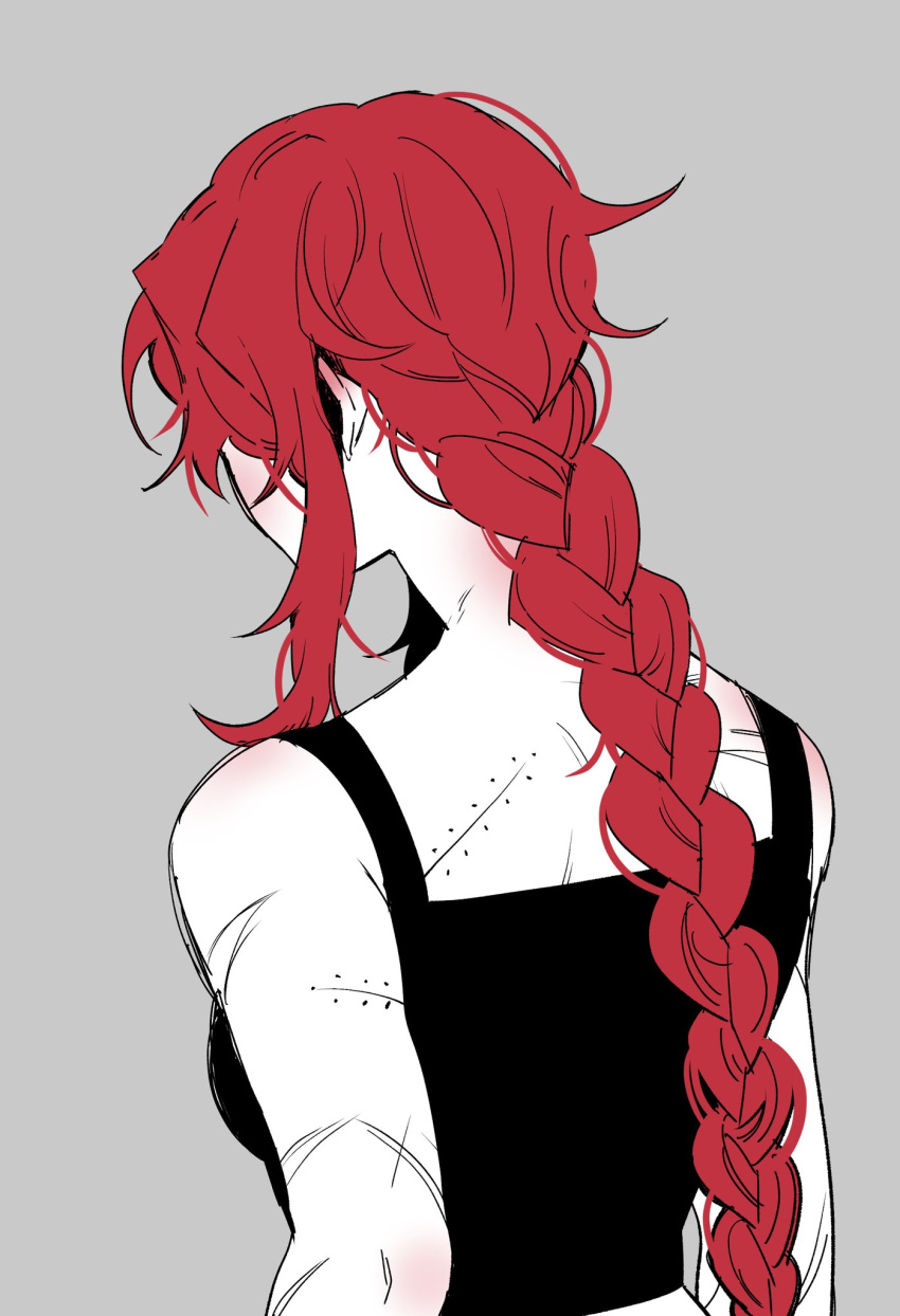 1girl 3cnfw alternate_hairstyle bare_shoulders black_shirt blush braid braided_ponytail facing_away from_behind gebura_(project_moon) grey_background highres lobotomy_corporation long_hair project_moon redhead scar scar_on_arm shirt sidelocks simple_background solo tank_top upper_body very_long_hair