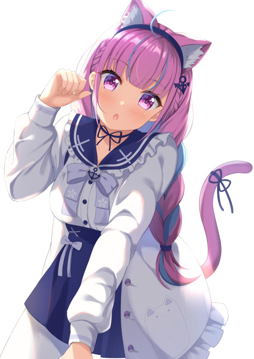 1girl 7fuji_06 anchor_hair_ornament animal_ear_fluff animal_ears blue_hair blush braid brooch cat_ears cat_girl cat_tail choker cowboy_shot frilled_jacket frilled_sailor_collar frills hair_ornament hairband high-waist_skirt highres hololive jacket jewelry long_hair long_sleeves looking_at_viewer minato_aqua open_mouth pantyhose paw_pose pink_hair ribbon_choker sailor_collar shirt_tucked_in skirt solo tail twin_braids twintails violet_eyes virtual_youtuber waist_ribbon white_background