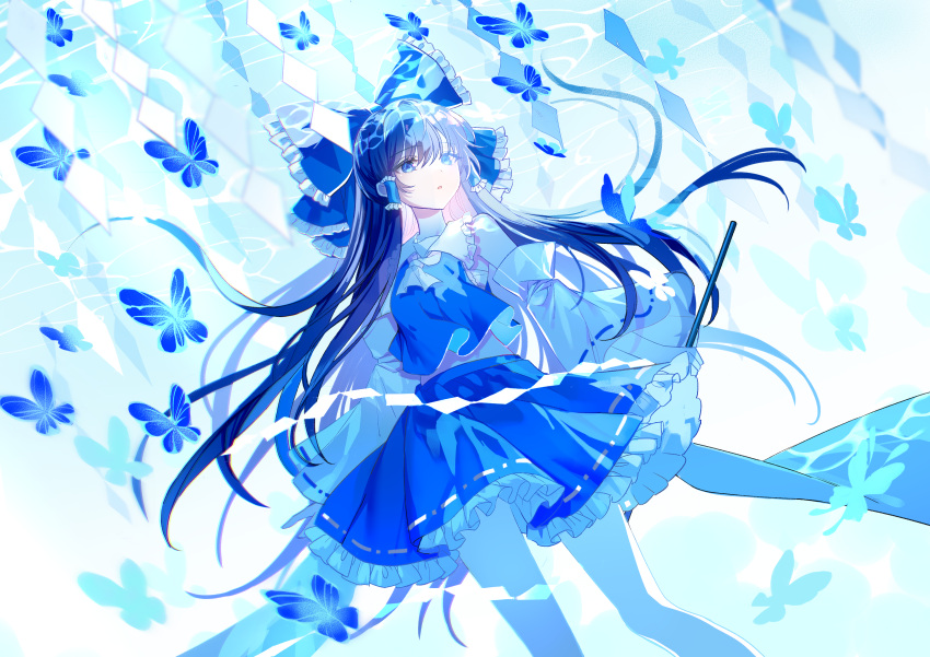 1girl :o absurdres alternate_color black_hair blue_bow blue_butterfly blue_eyes blue_skirt blue_theme blue_vest bow bug butterfly commentary_request feet_out_of_frame frilled_skirt frills hair_bow hakurei_reimu highres holding kanta_(pixiv9296614) long_hair open_mouth shide skirt solo touhou vest white_sleeves wide_sleeves