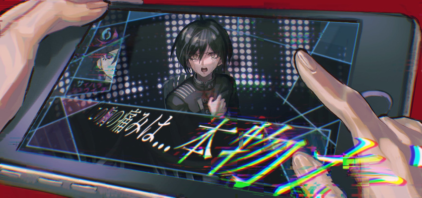 1boy 1other ahoge black_hair black_jacket breast_pocket brown_eyes buttons crying danganronpa_(series) danganronpa_v3:_killing_harmony hand_on_own_chest hand_up handheld_game_console highres holding holding_handheld_game_console index_finger_raised jacket looking_at_viewer playing_games pocket saihara_shuichi short_hair tears teeth translation_request upper_body upper_teeth_only visket53