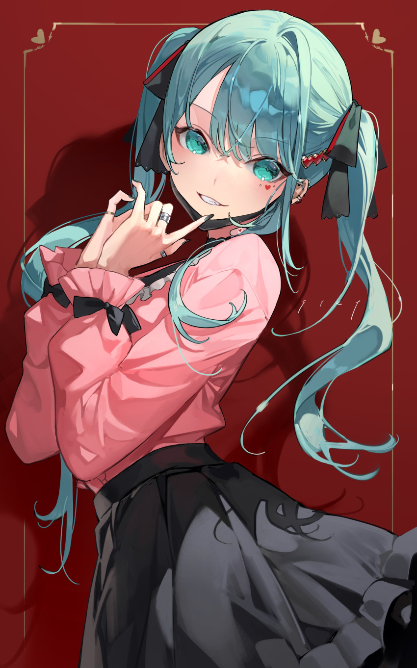 1girl absurdres black_nails black_skirt blue_eyes blue_hair chyoel hatsune_miku heart highres long_hair long_sleeves looking_at_viewer pink_shirt red_background shadow shirt skirt smile solo twintails vocaloid