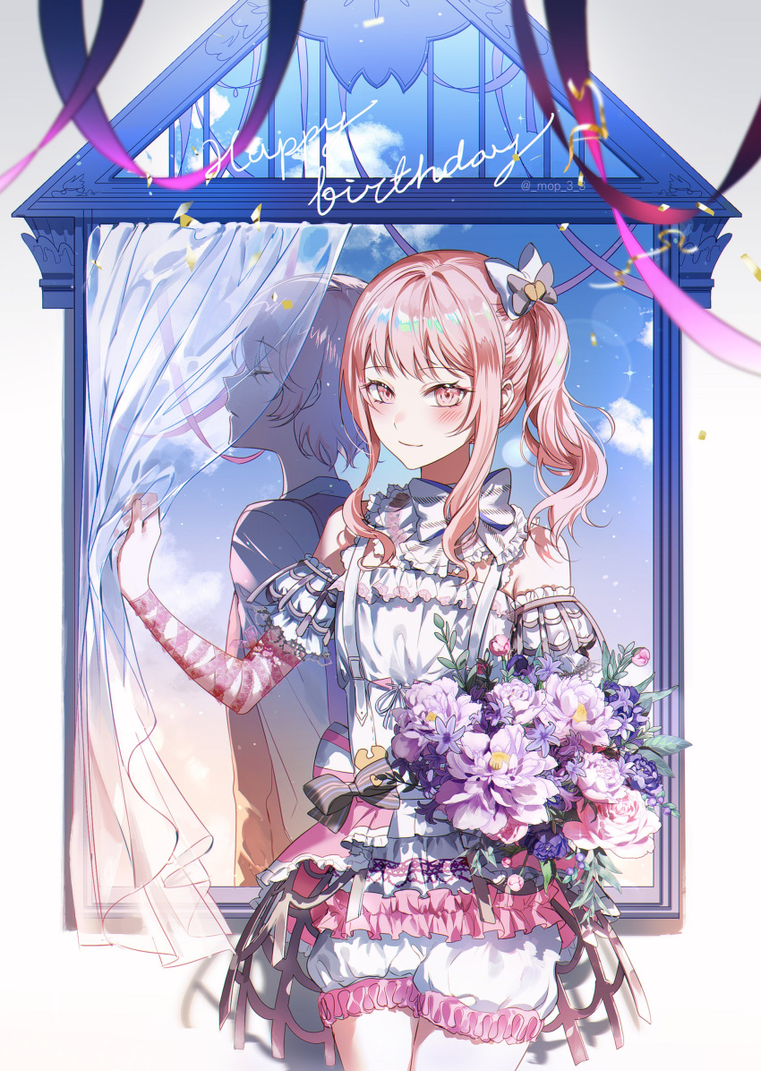 1other absurdres akiyama_mizuki androgynous blush bouquet bow closed_eyes closed_mouth clouds commentary_request confetti cowboy_shot curtains detached_sleeves flower hair_bow happy_birthday highres holding holding_bouquet lace long_hair long_sleeves looking_at_viewer mop_6_6 parted_lips pink_eyes pink_hair pink_ribbon ponytail project_sekai purple_flower ribbon short_hair sidelocks smile upper_body white_bow