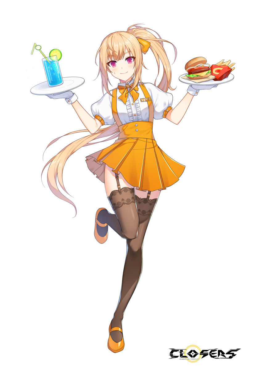 1girl alternate_hair_color badge blush bow bowtie breasts brown_thighhighs burger center_frills closed_mouth closers collared_shirt copyright_name cup drink drinking_glass drinking_straw floating_hair food french_fries frills fruit full_body garter_straps gloves hair_bow hands_up high-waist_skirt highres holding holding_plate ice ice_cube lace-trimmed_thighhighs leg_up lime_(fruit) lime_slice logo long_hair looking_at_viewer luna_aegis_(closers) mary_janes miniskirt official_art orange_bow orange_bowtie orange_footwear orange_hair orange_skirt pink_eyes plate pleated_skirt ponytail puffy_short_sleeves puffy_sleeves shirt shoes short_sleeves sidelocks skirt small_breasts smile solo standing standing_on_one_leg suspender_skirt suspenders sweat tachi-e thigh-highs underbust very_long_hair waitress white_background white_gloves white_shirt zettai_ryouiki