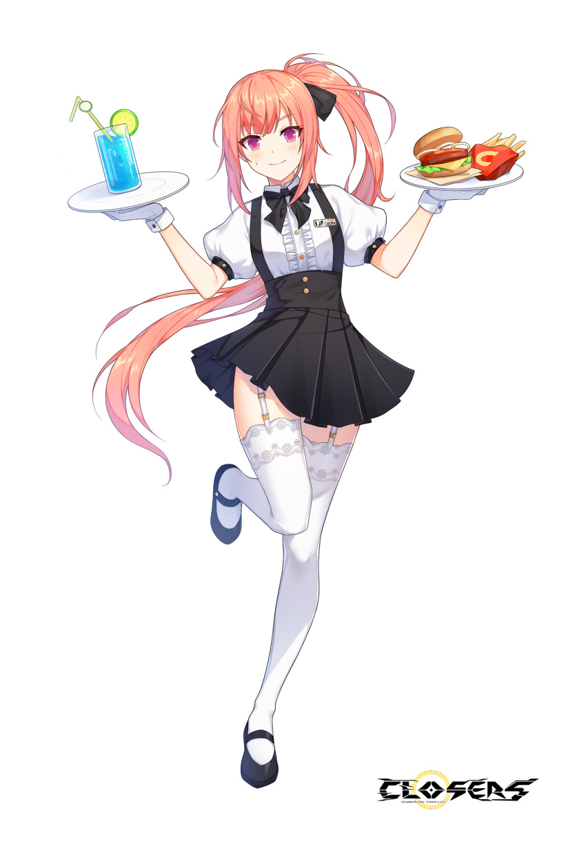 1girl badge black_bow black_bowtie black_footwear black_skirt blush bow bowtie breasts burger center_frills closed_mouth closers collared_shirt copyright_name cup drink drinking_glass drinking_straw floating_hair food french_fries frills fruit full_body garter_straps gloves hair_bow hands_up high-waist_skirt highres holding holding_plate ice ice_cube lace-trimmed_thighhighs leg_up lime_(fruit) lime_slice logo long_hair looking_at_viewer luna_aegis_(closers) mary_janes miniskirt official_art orange_hair pink_eyes plate pleated_skirt ponytail puffy_short_sleeves puffy_sleeves shirt shoes short_sleeves sidelocks skirt small_breasts smile solo standing standing_on_one_leg suspender_skirt suspenders sweat tachi-e thigh-highs underbust very_long_hair waitress white_background white_gloves white_shirt white_thighhighs zettai_ryouiki