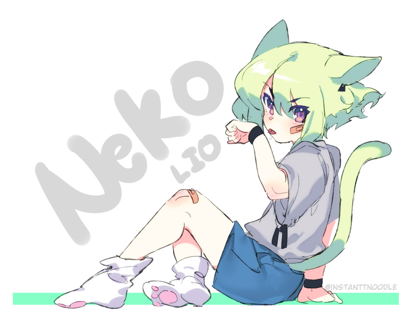 1boy animal_ears bandaid bandaid_on_face bandaid_on_knee bandaid_on_leg black_wristband blue_shorts cat_boy cat_ears cat_tail character_name earrings from_side green_hair grey_shirt highres instanttnoodle jewelry kemonomimi_mode licking licking_hand light_blush lio_fotia looking_at_viewer male_focus otoko_no_ko paw_socks promare shirt short_hair shorts simple_background single_earring sitting solo tail tongue tongue_out triangle_earrings violet_eyes white_background