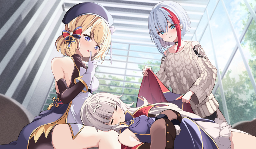 3girls acchii_(akina) admiral_graf_spee_(azur_lane) admiral_graf_spee_(peaceful_daily_life)_(azur_lane) azur_lane beret bike_shorts black_choker black_jacket blonde_hair blue_eyes blue_headwear blue_sky blunt_bangs blush bow choker closed_eyes closed_mouth clouds commentary_request cross_hair_ornament day detached_sleeves dutch_angle finger_to_mouth from_below gloves grey_hair hair_bow hair_ornament hat hat_bow headpiece highres indoors jacket lap_pillow long_hair looking_at_another multicolored_hair multiple_girls off_shoulder official_alternate_costume redhead short_hair sky sleeping smile streaked_hair sweater thighs tree two-tone_hair very_long_hair white_bow white_gloves white_hair z23_(azur_lane) z46_(azur_lane)