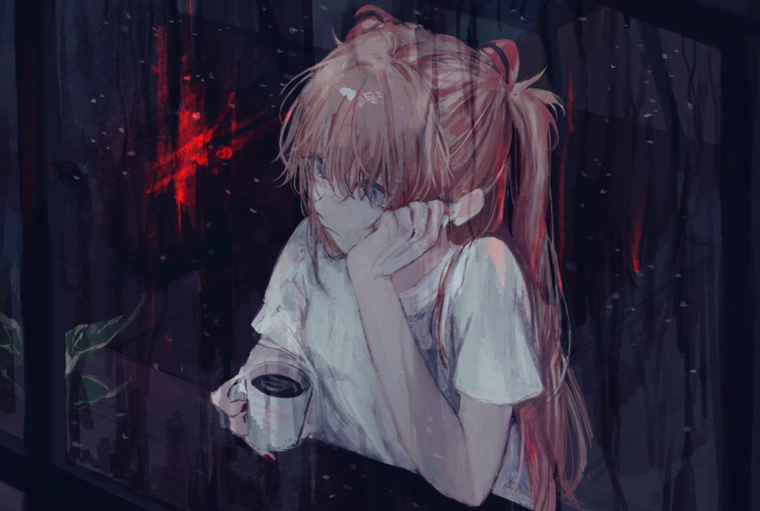 1girl closed_mouth coffee cup elbow_on_table hair_between_eyes hair_ornament hand_on_own_face highres holding holding_cup indoors long_hair looking_outside neon_genesis_evangelion orange_hair plant potted_plant rain red_nails shirt short_sleeves sinaco solo souryuu_asuka_langley twintails white_shirt window